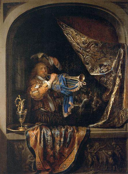Trumpet-Player in front of a Banquet, Gerard Dou